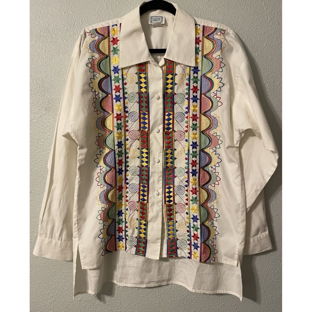 Vtg 70s Hairston Roberson Button up Shirt Medium Embroidered Camisa Made In USA